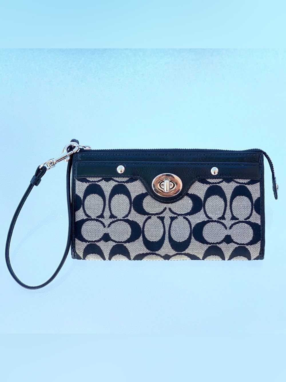 Coach Signature Jacquard Penelope Black and Off-White Leather Trim Wristlet
